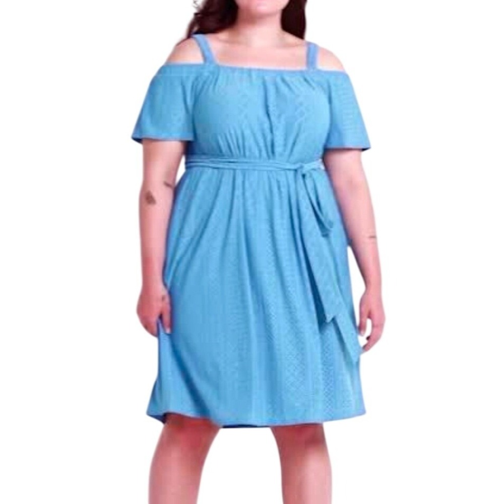Lane Bryant Blue Eyelet Off The Shoulder Belted Dress Plus Size 14/16 NWT‎ READ!